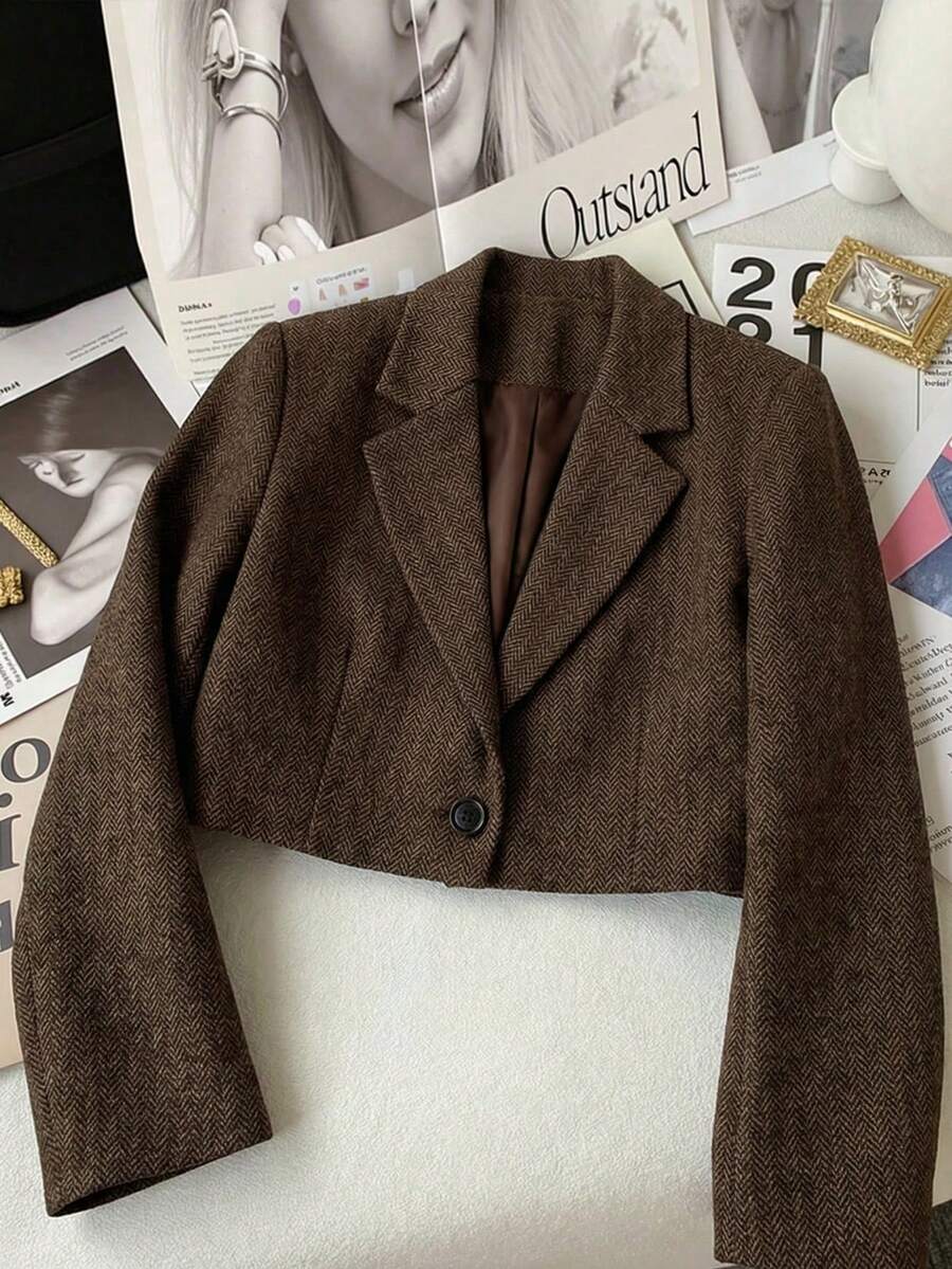 Chiquease 2025新款女士欧式短款羊毛混纺西装外套 | 休闲办公简约春秋季 - 棕色 - 查看 1