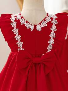 SHEIN Glamorique Kids 女婴优雅蕾丝边荷叶边连衣裙 - 紅色 - 查看 3