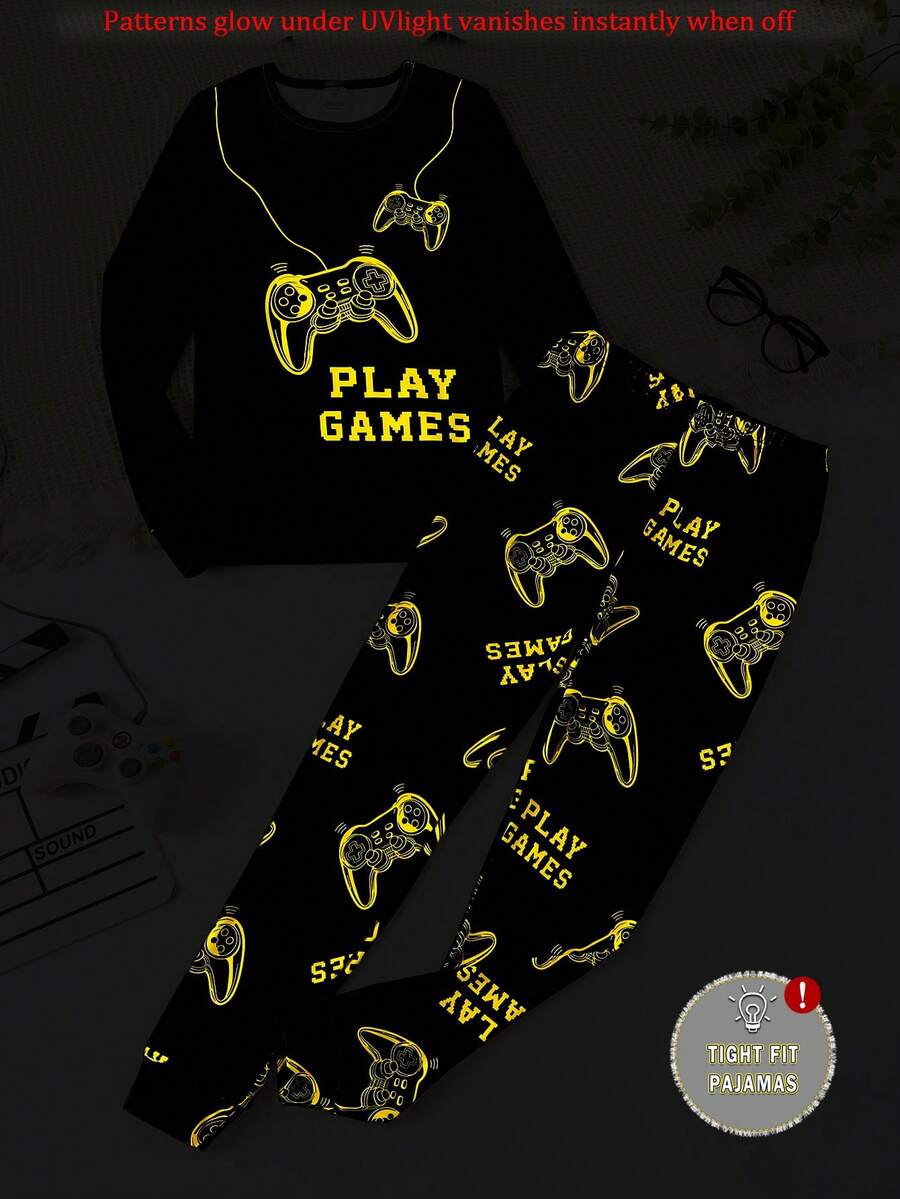 2件套青少年男童夜光游戏手柄印花修身长袖睡衣套装 - 黃色 - 查看 1
