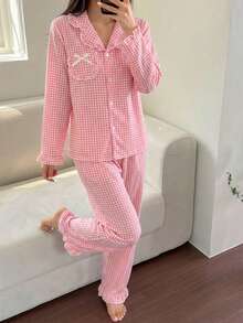 2pcs Girls Elegant Textured Fabric Frill Trim Pink & White Plaid Long Sleeve Top And Pants Pajama Set Pajama Set Pink Gingham - Pink - View 7