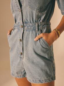 Aralina 女士夏季/冬季牛仔休闲短袖连体裤，女士沙滩装，Y2K斯德哥尔摩风格街头服饰 - 深色水洗藍 - 查看 7