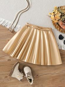 小女孩米色百搭复古法式风新款女童PU皮裙，高腰修身百褶裙，四季皆宜 - 香檳色 - 查看 7