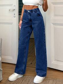 100% Cotton Elastic Belt Detailed Straight Cut Jean - Royal Blue - View 3