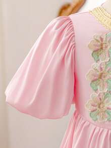 Glamorique Kids Young Girls' Retro Style Puff Sleeves V-Neck Pink Dress - Pink - View 5