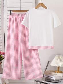 2件套女童休闲白色短袖上衣和粉色格子裤家居服套装，舒适百搭，适合日常穿着，春夏款 - 粉色 - 查看 2