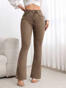 SHEIN Tall Casual Washed High Waist Flare Leg Jeans - Coffee Brown - View 2