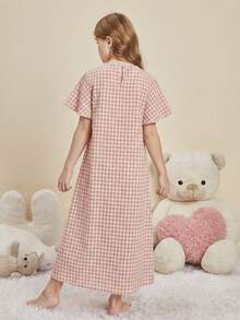 SHEIN 女童宽松格子荷叶边长袖休闲连衣裙 - 粉色 - 查看 6