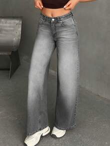 EURMUSE WOMEN WIDE LEG MID WAIST JEANS - Grey - View 6