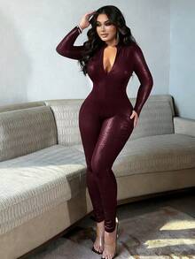 Chiquease 女士黑色性感亮面仿鳄鱼皮前拉链连体裤，长袖夜店派对约会之夜新款设计，春夏秋季女士性感派对/夜店/街头/约会/万圣节/情人节新款演唱会服装晚宴生日俱乐部修身紧身原创设计长款打底连体裤 - 酒紅色 - 查看 3