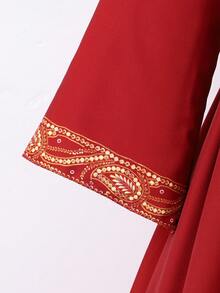 SHEIN Đầm đen sang trọng thêu hoa vàng lấp lánh dành cho bé gái tuổi teen, kiểu dáng cổ điển thanh lịch và đa năng. - Màu Đỏ Sâu - Xem 4