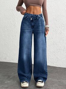 WOMEN CLASSIC HIGH WAIST WIDELEG MEDIUM WASH DENIM JEAN ASYMETRIC WAIST Y2K - Dark Wash - View 6
