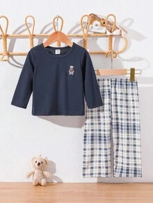 Genkimix Kids 2件組男嬰純色海軍藍長袖上衣與格紋長褲舒適睡衣 秋季/秋冬圓領針織柔軟舒適可愛居家服 室內穿著 - 寶藍色 - 查看 6