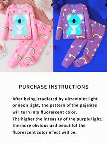 SHEIN 2 件装少女可爱彩虹星熊印花长袖上衣和紧身裤睡衣套装