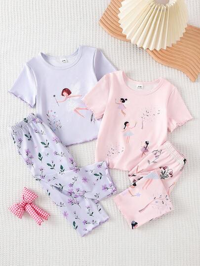 4pcs Baby Girls' Soft & Comfortable Fairy Girl Pattern Round Neck Short Sleeve Top And Long Pants Casual Pajama Set Hummingbird Outfits For Toddler Girl Baby Girl Summer Pajamas Baby Summer Sets