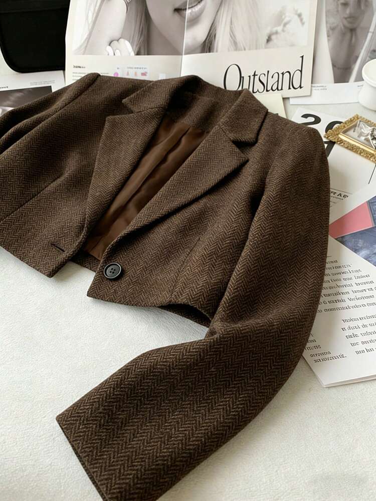 Chiquease 2025新款女士欧式短款羊毛混纺西装外套 | 休闲办公简约春秋季 - 棕色 - 查看 4