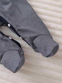 Newborn Baby Pajama Set, Striped & Cartoon Bear Print Bodysuit, Hat, Top And Pants - Royal Blue - View 5