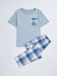 Teen Boys Dusty Blue Short Sleeve Plaid Pocket Regular Length Everyday Casual  Pajama Set - Dusty Blue - View 4
