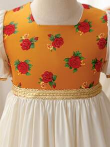 Glamorique Kids 少女碎花印花方领荷叶边短袖复古连衣裙 - 杏色 - 查看 4