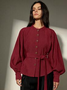 Aveloria Modichic Áo sơ mi dài tay cổ đứng họa tiết xương cá, thiết kế thắt eo, dáng rộng, phong cách độc đáo. - Đỏ - Xem 4