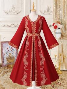 SHEIN Đầm đen sang trọng thêu hoa vàng lấp lánh dành cho bé gái tuổi teen, kiểu dáng cổ điển thanh lịch và đa năng. - Màu Đỏ Sâu - Xem 6