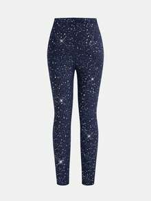 SHEIN Spodnie obcisłe z wysokim stanem i brokatem dla nastolatek, modne na imprezę, jesienne urodziny, elegancki styl vintage, randka, urodziny, podstawowa impreza, brokatowe, elastyczne, obcisłe legginsy kompresyjne z wysokim stanem, dopasowane spodnie do jogi - Granatowy - Zobacz 2