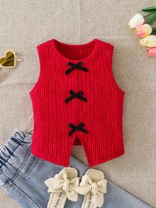 Young Girl Red Summer Satin Knit Top,First Birthday Round Neck Bowknot Split Back Sleeveless Tank Top,Cute & Fashionable Mom And Daughter Matching - Red - View 1