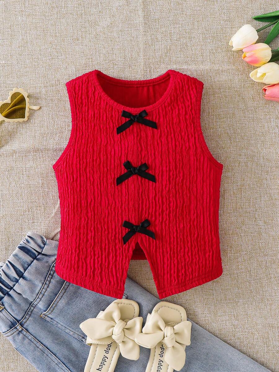 Young Girl Red Summer Satin Knit Top,First Birthday Round Neck Bowknot Split Back Sleeveless Tank Top,Cute & Fashionable Mom And Daughter Matching - Red - View 1