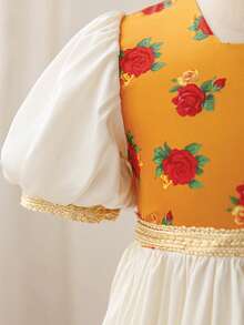 Glamorique Kids 少女碎花印花方领荷叶边短袖复古连衣裙 - 杏色 - 查看 6