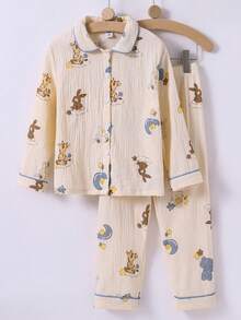 Young Boy 2pcs Beige Soft Fabric Animal Print Lapel Shirt And Casual Pants Loungewear Set - Multicolor - View 3