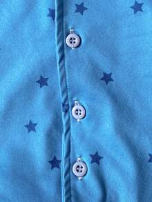 2件套男婴可爱星星印花POLO领开衫短袖套装，包含一件开衫和一条裤子，舒适休闲装