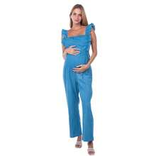 Mono enterizo jumpsuit palazzo palatso jumper largo maternidad premamá embarazo dama mujer mezclilla denim olan hombros espalda descubierta moño lazo amarre pierna recta casual suave cómodo fresco ligero moderno juvenil bohemio romántico dulce diario embarazada prenatalidad día primavera verano picnic brunch desayuno salida - Azul Cielo - Ver 2