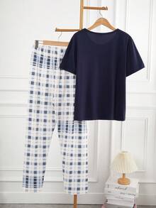 男士格子衬衫长裤两件套，青少年男孩休闲家居服 - 藏蓝色 - 查看 2