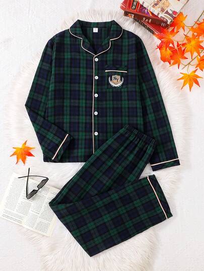 青少年男童复古格纹长袖长裤套装，海军蓝和橄榄绿撞色格纹设计，休闲舒适家居服/外套两件套，英伦风休闲两件套