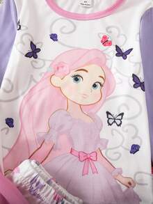 Bộ đồ mặc nhà thoải mái, ôm sát, cổ tròn, họa tiết công chúa và bướm, phối màu, dành cho bé gái, gồm 4 món, thích hợp cho mùa Thu/Đông. - Nhiều màu - Xem 5