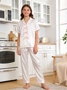 Tween Girls White Satain Pajamas-2 Piece Pajama Set Spring To Summer Pink Piping Bow Accent Button Front Notched Collar Round Neck Short Sleeve Also Long Sleeve Options Matching Long Pants And Dress Sleepwear Loungewear Seasonal All Season Holiday 2026 Must Have Gift - White - View 10