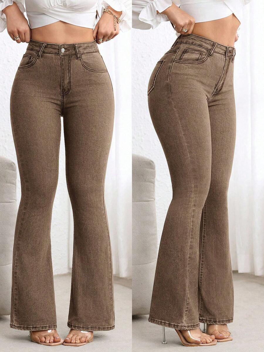SHEIN Tall Casual Washed High Waist Flare Leg Jeans - Coffee Brown - View 1