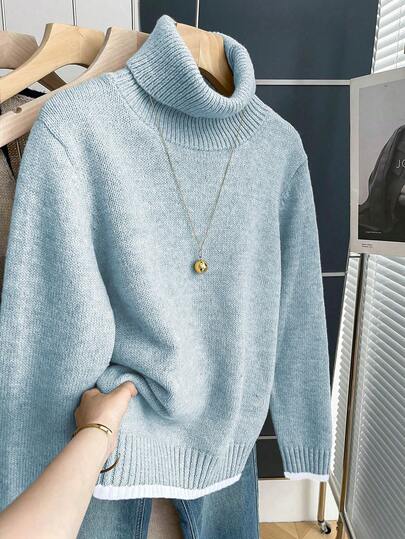 Franclia סוודר סריג צרפתי רטרו עם צווארון גבוה ושרוולים ארוכים וגימור ניגודי לנשים, סתיו/חורף