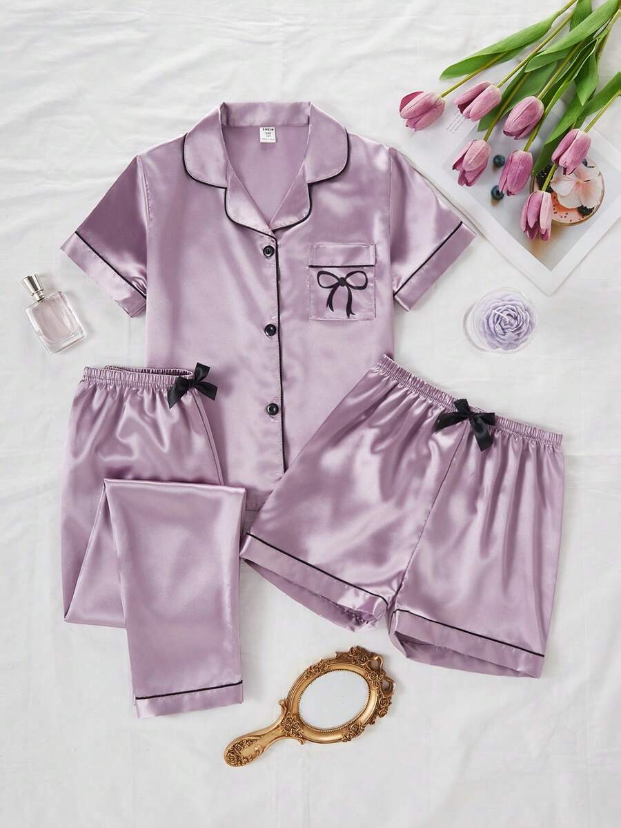 Bộ đồ thường ngày 3 món cho bé gái: Quần dài, quần short và áo thun ngắn tay cổ bẻ màu hồng nhạt trơn chất liệu vải. - Màu tím - Xem 1