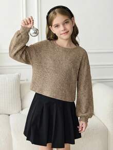 SHEIN Tween Girl Student Clothes, Lantern Sleeve Basic Style, Back To School, Opening Ceremony, Daily Wear, School, Travel, Sports, Winter - Camel - View 10