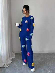Selianne Damen Pullover mit rundem Ausschnitt, Drop-Shoulder und 3D Blumen, kombiniert mit 3D Blumen Gerades Bein Sweathose - Königsblau - Übersicht 4