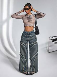 Jeanoix 女士休闲破洞阔腿牛仔裤 宽松牛仔裤 Y2K 宽松牛仔裤 阔腿牛仔裤 女士破洞牛仔裤 - 藍色 - 查看 5