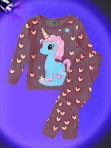 SHEIN Perso Play 2 Pieces Sets Snug Fit Night Wear Baby Girls' Cute Unicorn Print Pajamas & Leggings Pajama Set Neon Baby Girl Night Clothes Baby Girl Pajamas Characters Unicorn Baby Clothes Snug Fit .This Product Requires UV Light Exposure To Glow. - Pink - View 3