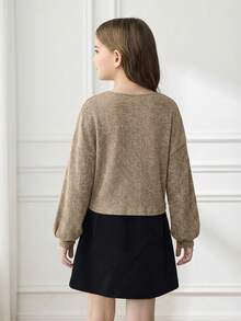 SHEIN Tween Girl Student Clothes, Lantern Sleeve Basic Style, Back To School, Opening Ceremony, Daily Wear, School, Travel, Sports, Winter - Camel - View 2