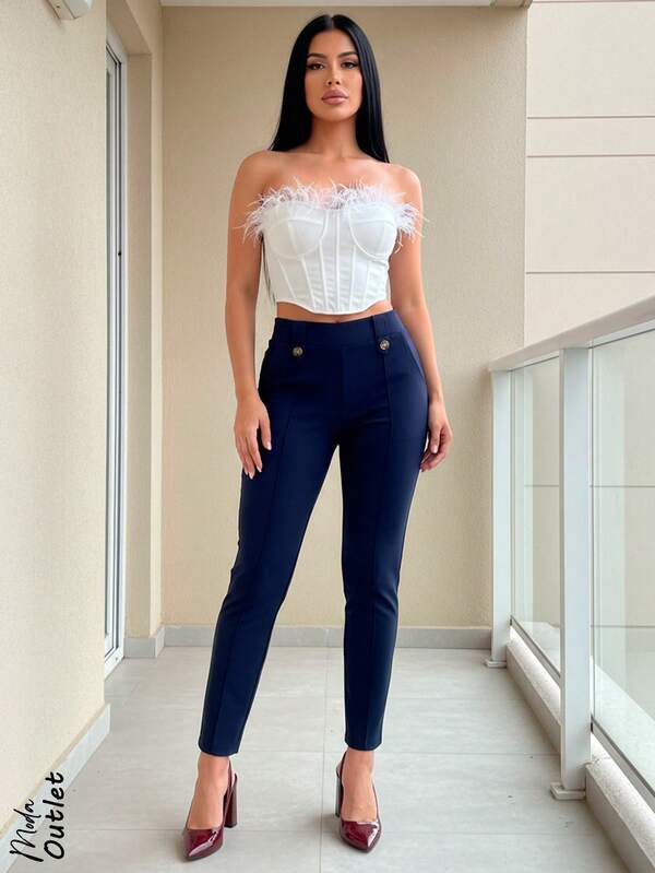 Pantalón semi-entubado para mujer, clásico, casual y elegante, tela de algodón y poliéster, apto para cualquier temporada. Colores lisos sin estampados. Ajuste de cintura natural con resorte ligero y cordón para mejor ajuste. Botones decorativos en la cintura. Bolsillos funcionales. Fresco, ligero y cómodo.