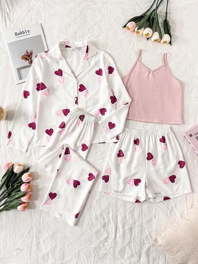 4pcs Girls Heart Print Set, Pink Camisole + Cardigan + Shorts + Pants, Crepe Fabric, Sweet Elements, Suitable For Spring, Summer, Autumn, Winter, Comfortable Casual Homewear