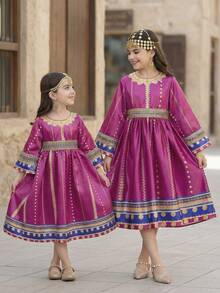 SHEIN Tween Girl Print Loose Flare Sleeve Midi Dress Tween Girl Arabian Dress, Tween Girl - Purple - View 2