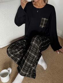 Dream Adore Women's Casual Loose Plaid Print Round Neck Pajama Set - Black - View 6