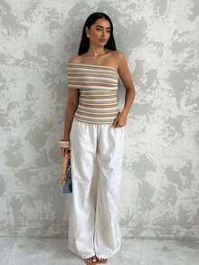 Glamine Chic Women's Khaki Striped Rib Knit Off The Shoulder Short Sleeve Asymmetrical Top - Khaki - View 1