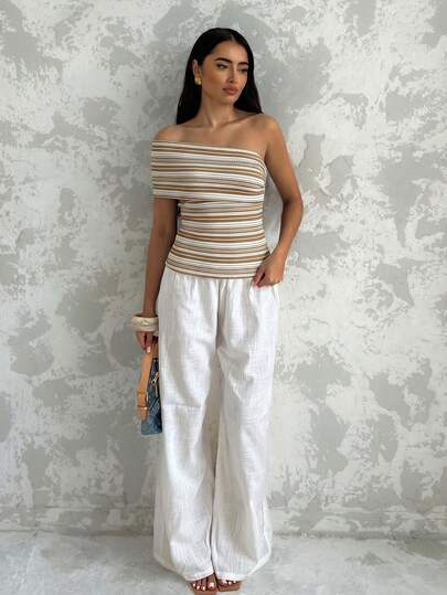 Glamine Women's Summer Vacation Asymmetric Neck One Shoulder Pleated Fitted Striped Sleeveless Top