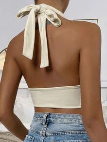 Glamine Women's Simple Solid Color Halter Cropped Tank Top, Summer - Apricot - View 2